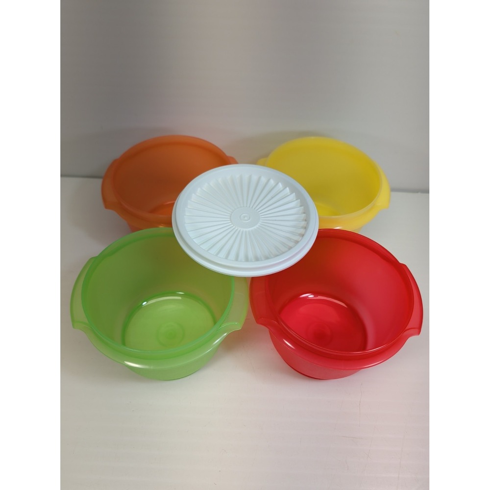 4 Vintage Tupperware Servalier Bowls Lot #886 Sheer Colors 1 Lid 70s Retro